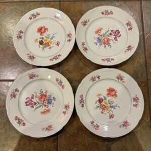 Zeh Scherzer Bavaria Germany Floral Minuet Dinner Plate Set of 4 9-3/4' Gold Tri